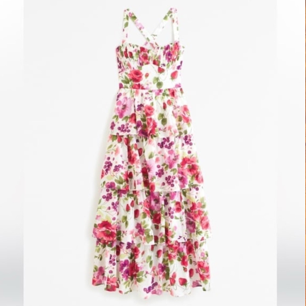 A&F Lace Up Back Floral Tiered Maxi Dress